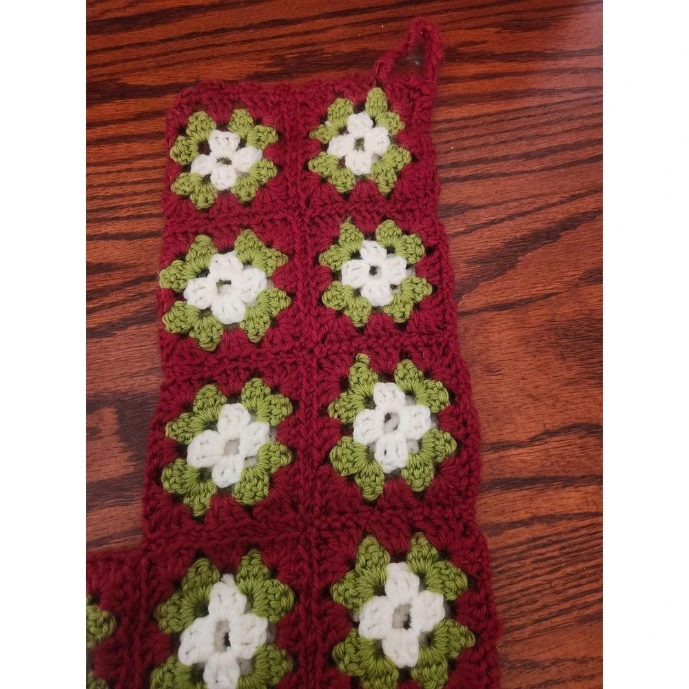 Vintage Hand Crocheted Retro GRANNY SQUARE Christmas Stocking Maroon White Green